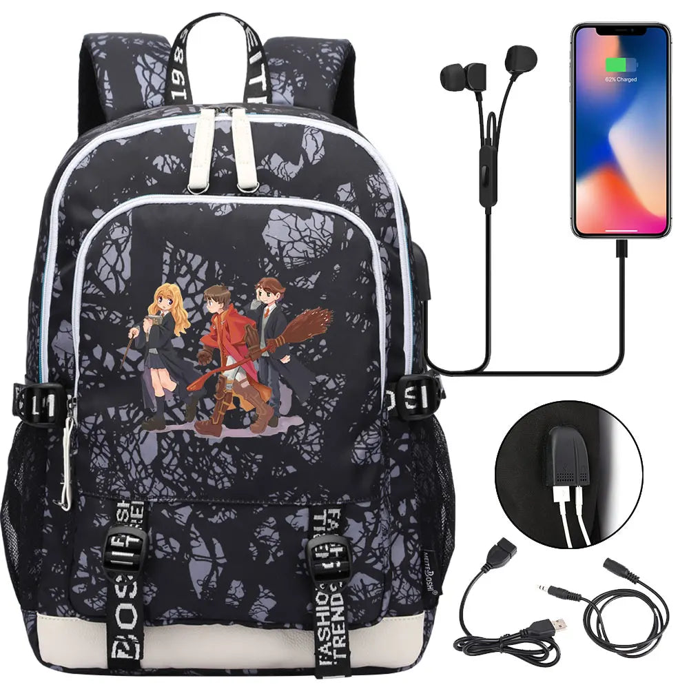 New Cartoon Owl Magic School Teenager USB Charging Laptop Backpack Women Men Rucksack Kids Book Bag Mochila Travel Bagpack