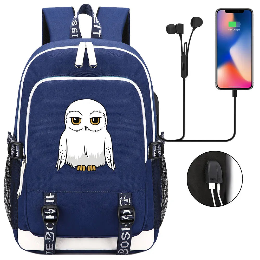 New Cartoon Owl Magic School Teenager USB Charging Laptop Backpack Women Men Rucksack Kids Book Bag Mochila Travel Bagpack
