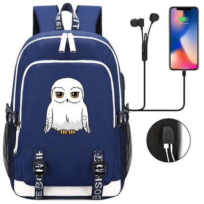 New Cartoon Owl Magic School Teenager USB Charging Laptop Backpack Women Men Rucksack Kids Book Bag Mochila Travel Bagpack