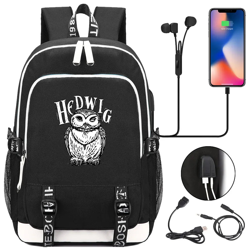 New Cartoon Owl Magic School Teenager USB Charging Laptop Backpack Women Men Rucksack Kids Book Bag Mochila Travel Bagpack