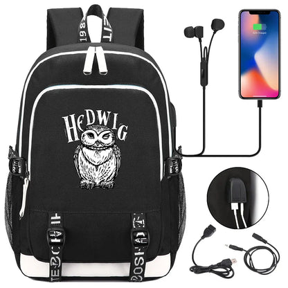 New Cartoon Owl Magic School Teenager USB Charging Laptop Backpack Women Men Rucksack Kids Book Bag Mochila Travel Bagpack