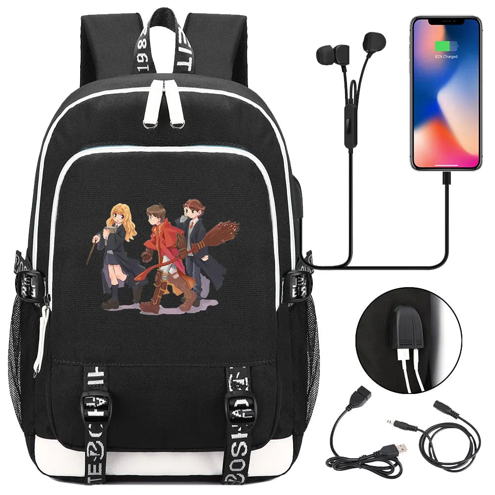 New Cartoon Owl Magic School Teenager USB Charging Laptop Backpack Women Men Rucksack Kids Book Bag Mochila Travel Bagpack