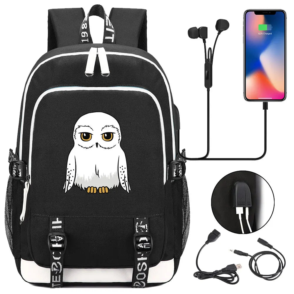 New Cartoon Owl Magic School Teenager USB Charging Laptop Backpack Women Men Rucksack Kids Book Bag Mochila Travel Bagpack