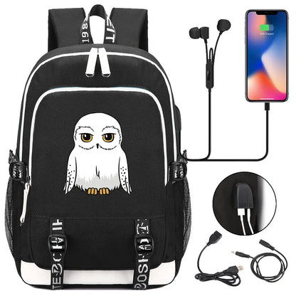 New Cartoon Owl Magic School Teenager USB Charging Laptop Backpack Women Men Rucksack Kids Book Bag Mochila Travel Bagpack
