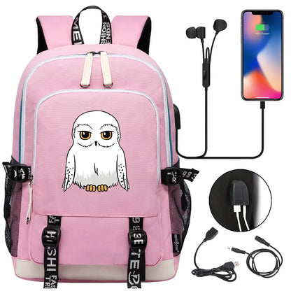 New Cartoon Owl Magic School Teenager USB Charging Laptop Backpack Women Men Rucksack Kids Book Bag Mochila Travel Bagpack
