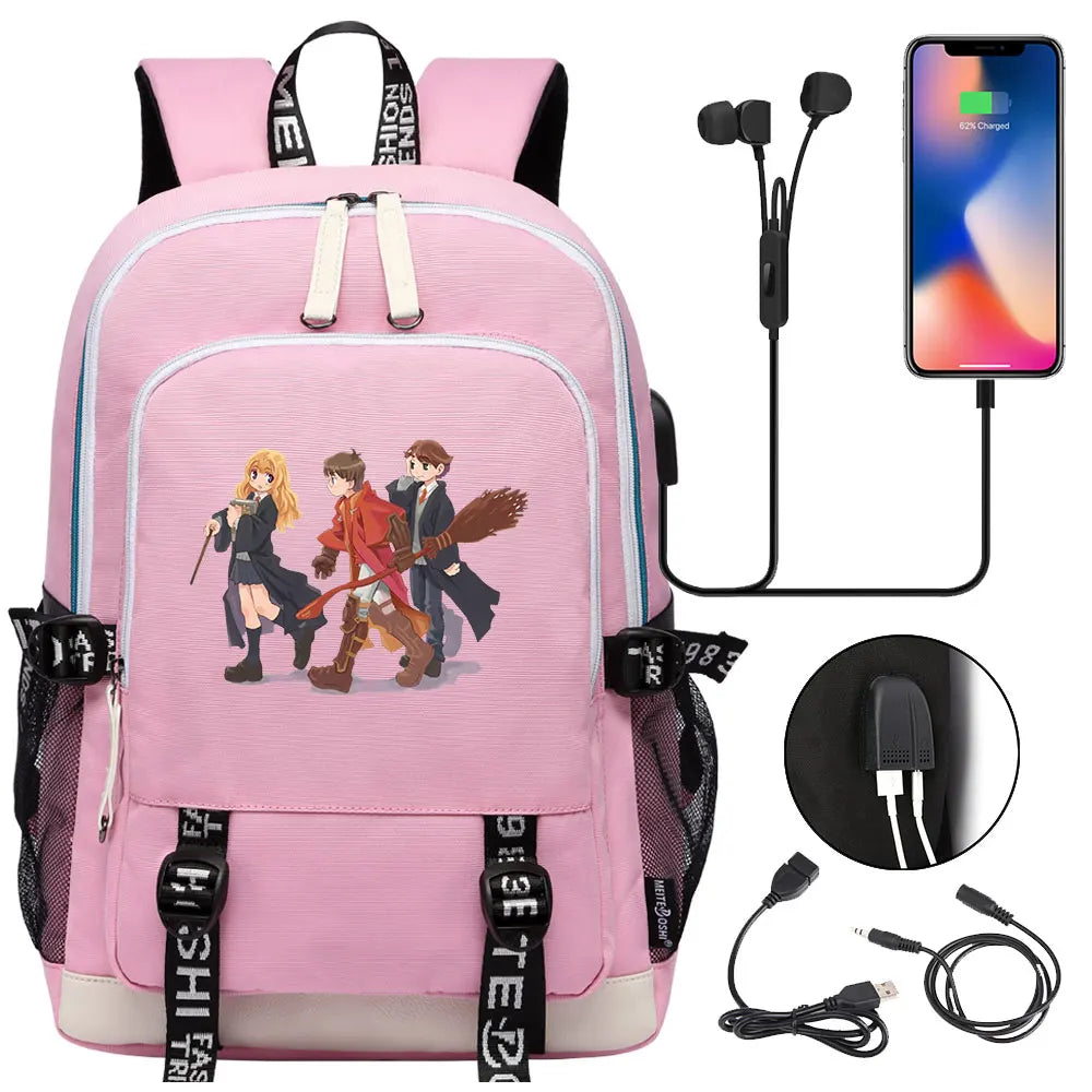 New Cartoon Owl Magic School Teenager USB Charging Laptop Backpack Women Men Rucksack Kids Book Bag Mochila Travel Bagpack