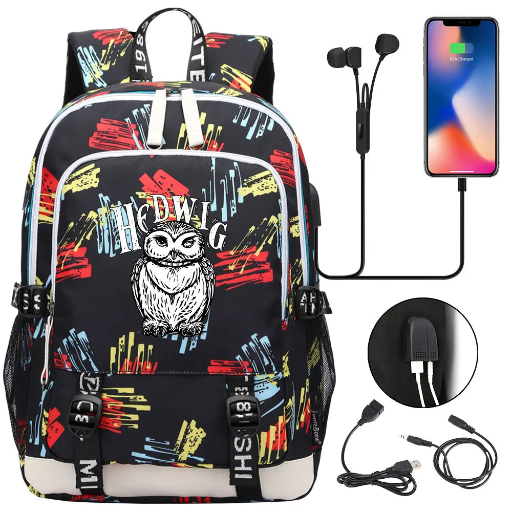New Cartoon Owl Magic School Teenager USB Charging Laptop Backpack Women Men Rucksack Kids Book Bag Mochila Travel Bagpack
