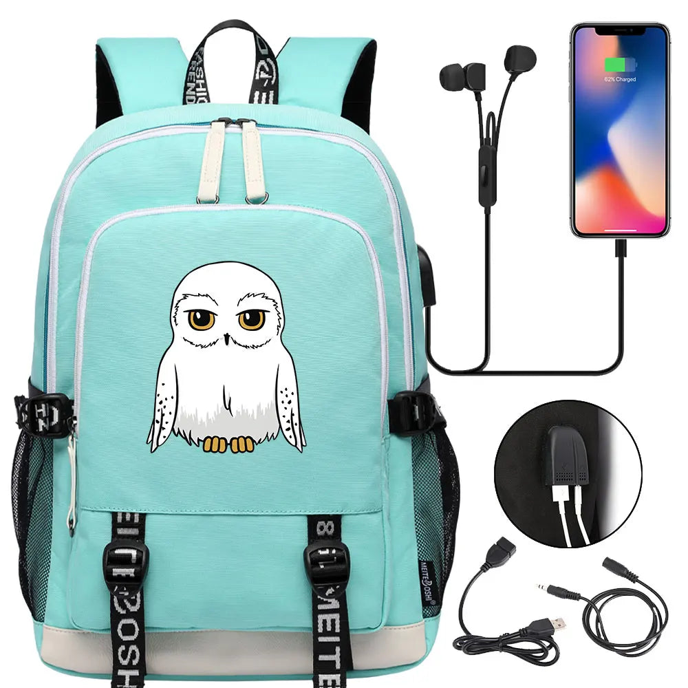 New Cartoon Owl Magic School Teenager USB Charging Laptop Backpack Women Men Rucksack Kids Book Bag Mochila Travel Bagpack