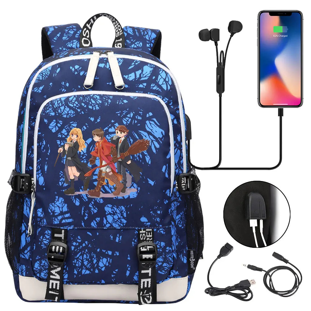 New Cartoon Owl Magic School Teenager USB Charging Laptop Backpack Women Men Rucksack Kids Book Bag Mochila Travel Bagpack