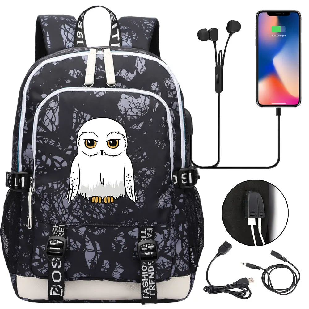 New Cartoon Owl Magic School Teenager USB Charging Laptop Backpack Women Men Rucksack Kids Book Bag Mochila Travel Bagpack
