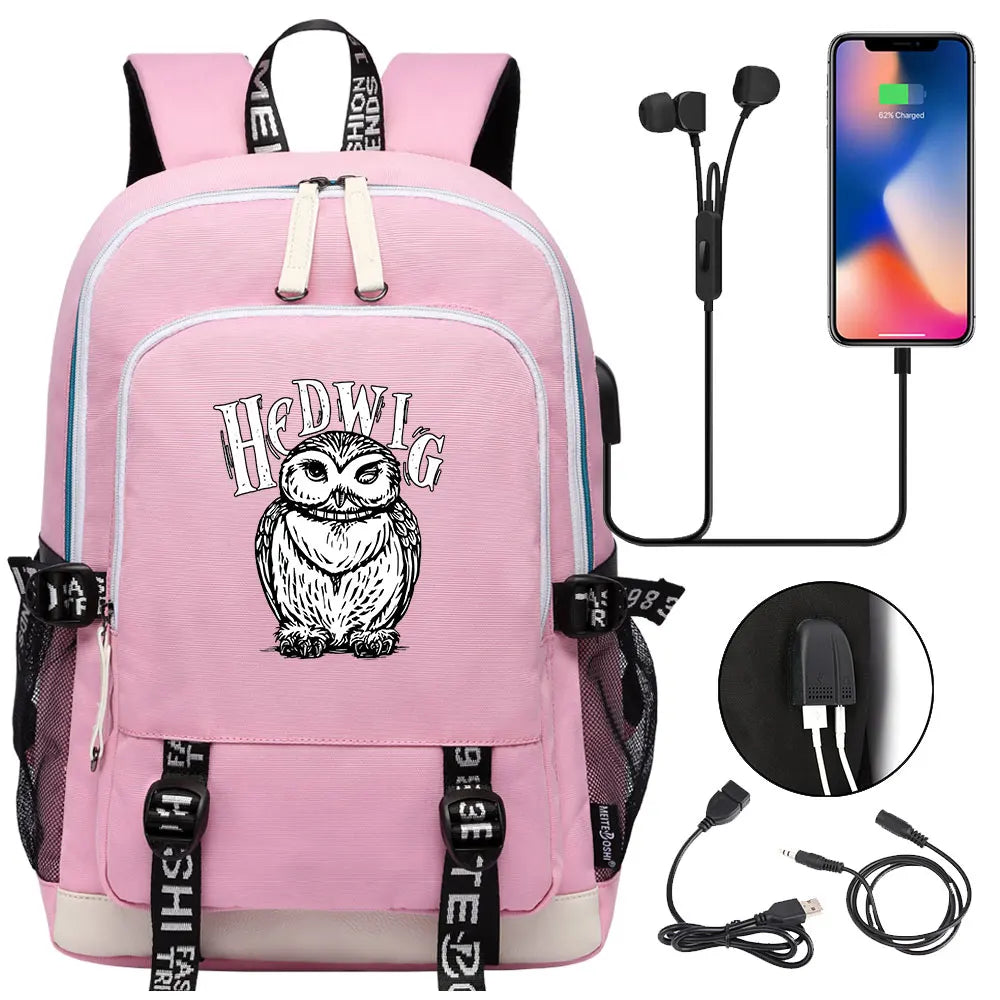 New Cartoon Owl Magic School Teenager USB Charging Laptop Backpack Women Men Rucksack Kids Book Bag Mochila Travel Bagpack