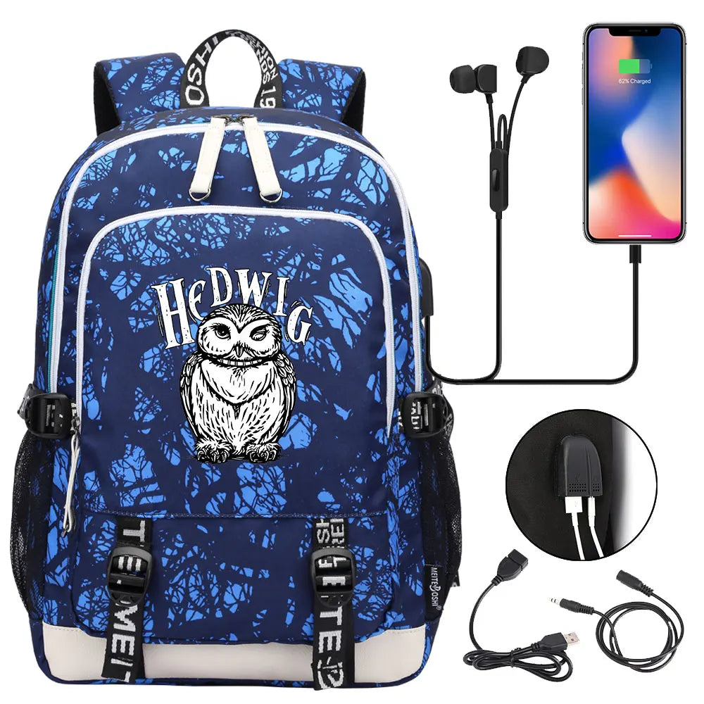 New Cartoon Owl Magic School Teenager USB Charging Laptop Backpack Women Men Rucksack Kids Book Bag Mochila Travel Bagpack