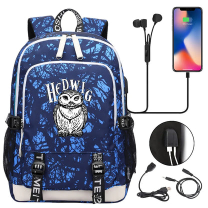 New Cartoon Owl Magic School Teenager USB Charging Laptop Backpack Women Men Rucksack Kids Book Bag Mochila Travel Bagpack