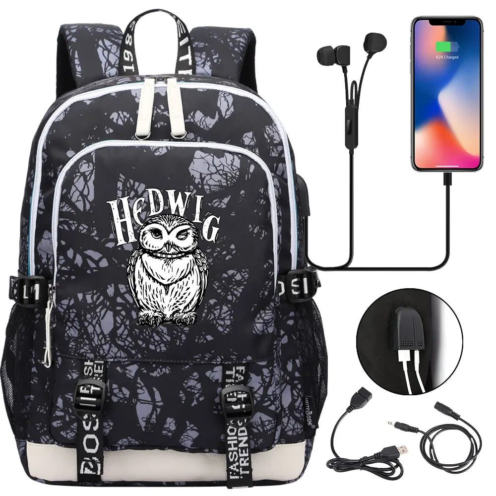 New Cartoon Owl Magic School Teenager USB Charging Laptop Backpack Women Men Rucksack Kids Book Bag Mochila Travel Bagpack