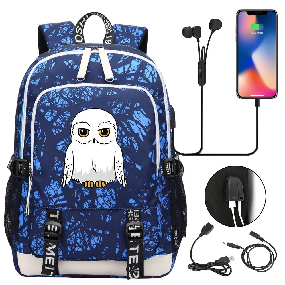 New Cartoon Owl Magic School Teenager USB Charging Laptop Backpack Women Men Rucksack Kids Book Bag Mochila Travel Bagpack