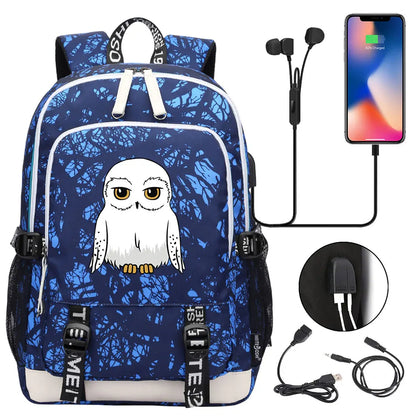 New Cartoon Owl Magic School Teenager USB Charging Laptop Backpack Women Men Rucksack Kids Book Bag Mochila Travel Bagpack