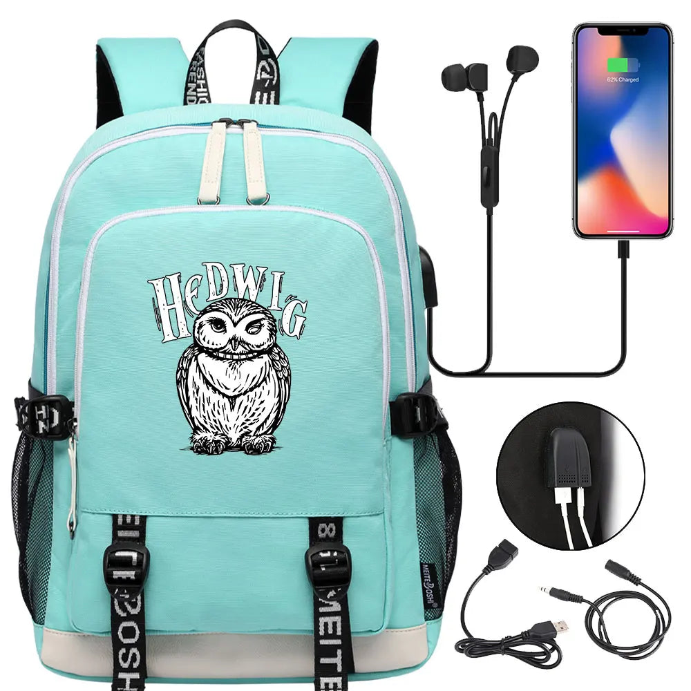 New Cartoon Owl Magic School Teenager USB Charging Laptop Backpack Women Men Rucksack Kids Book Bag Mochila Travel Bagpack