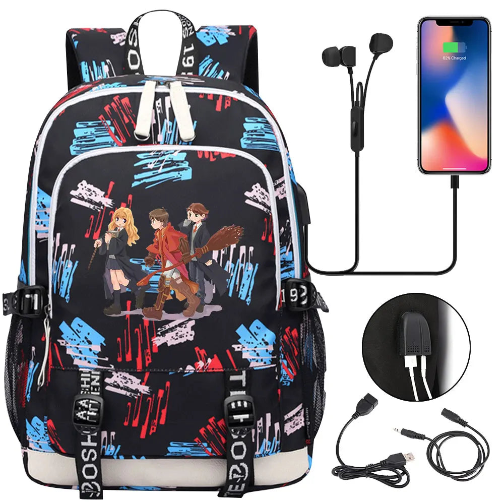 New Cartoon Owl Magic School Teenager USB Charging Laptop Backpack Women Men Rucksack Kids Book Bag Mochila Travel Bagpack