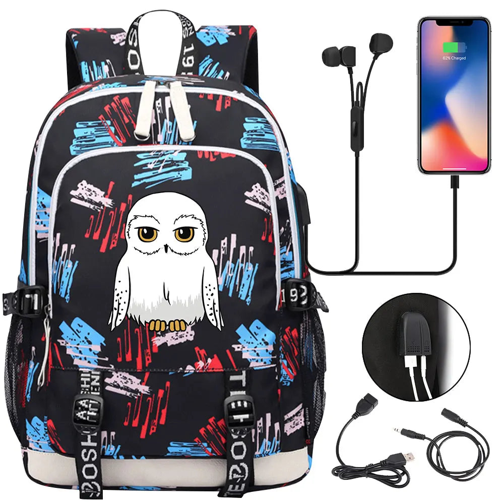 New Cartoon Owl Magic School Teenager USB Charging Laptop Backpack Women Men Rucksack Kids Book Bag Mochila Travel Bagpack