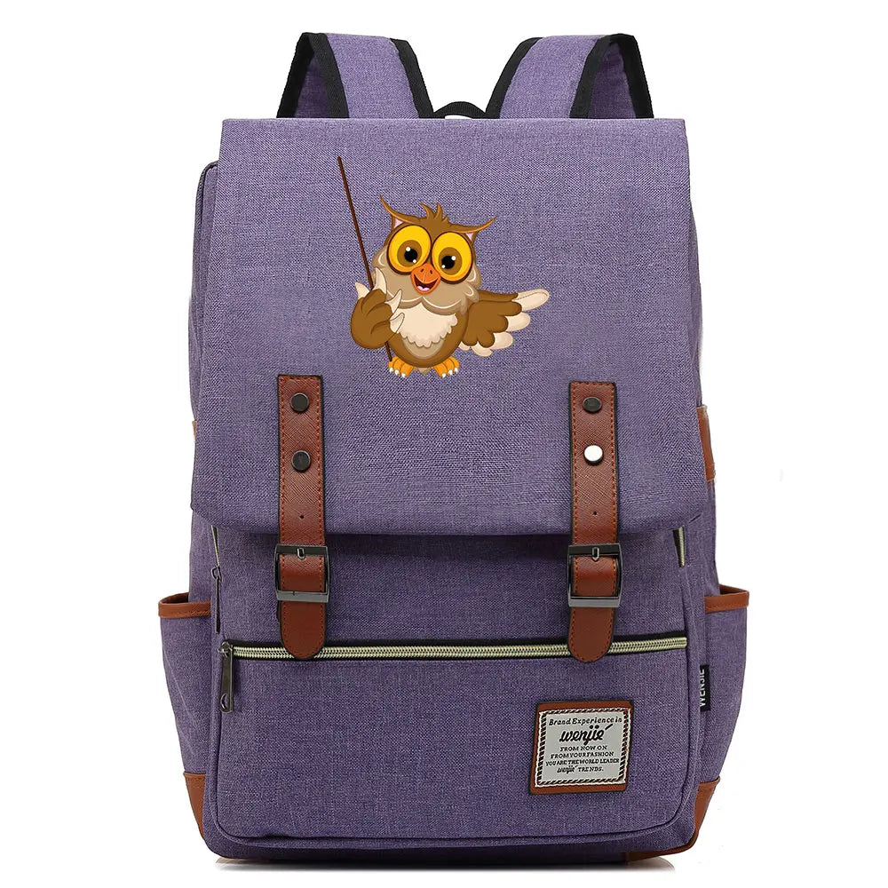 New Cartoon Owl Printed Boys Girls Kids Student School Book Bags Teenagers Canvas Women Bagpack Men Laptop Travel Backpack