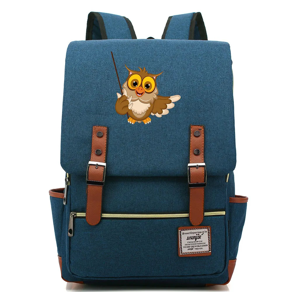 New Cartoon Owl Printed Boys Girls Kids Student School Book Bags Teenagers Canvas Women Bagpack Men Laptop Travel Backpack