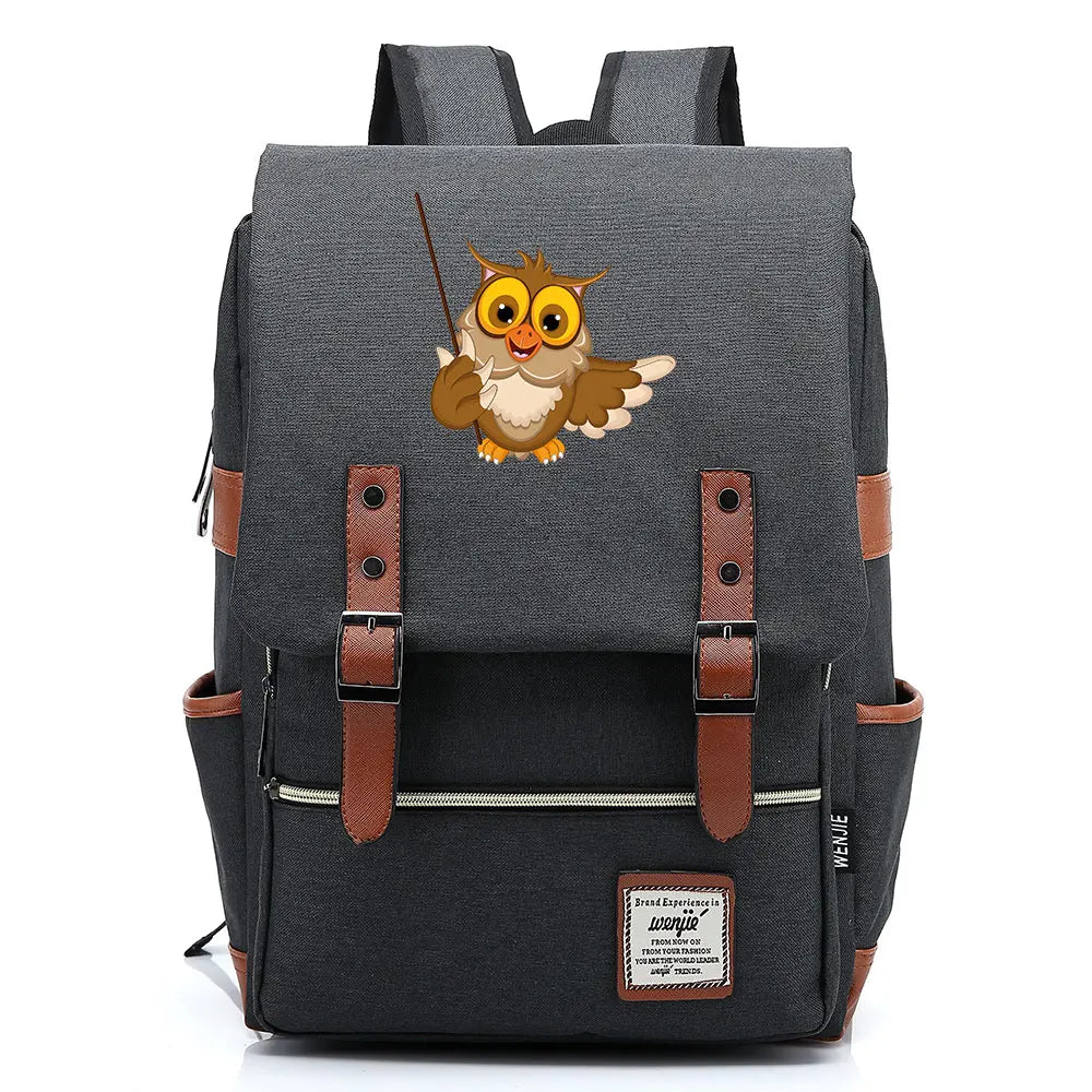 New Cartoon Owl Printed Boys Girls Kids Student School Book Bags Teenagers Canvas Women Bagpack Men Laptop Travel Backpack