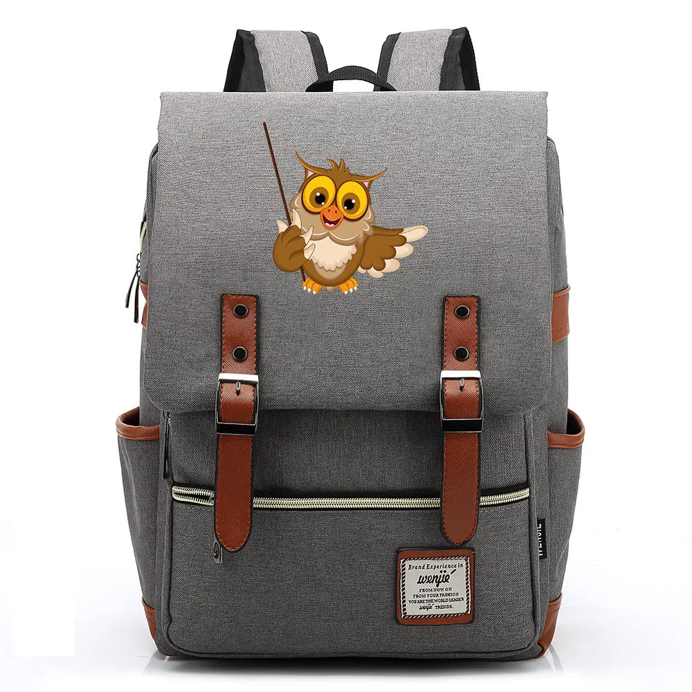 New Cartoon Owl Printed Boys Girls Kids Student School Book Bags Teenagers Canvas Women Bagpack Men Laptop Travel Backpack