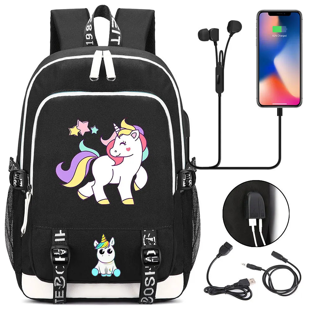New Cartoon Rainbow Horse  Teenager USB Charging Laptop Backpack Women Men Rucksack Kids School Book Bag Mochila Travel Bagpack