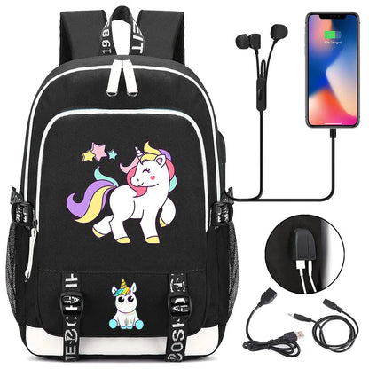 New Cartoon Rainbow Horse  Teenager USB Charging Laptop Backpack Women Men Rucksack Kids School Book Bag Mochila Travel Bagpack