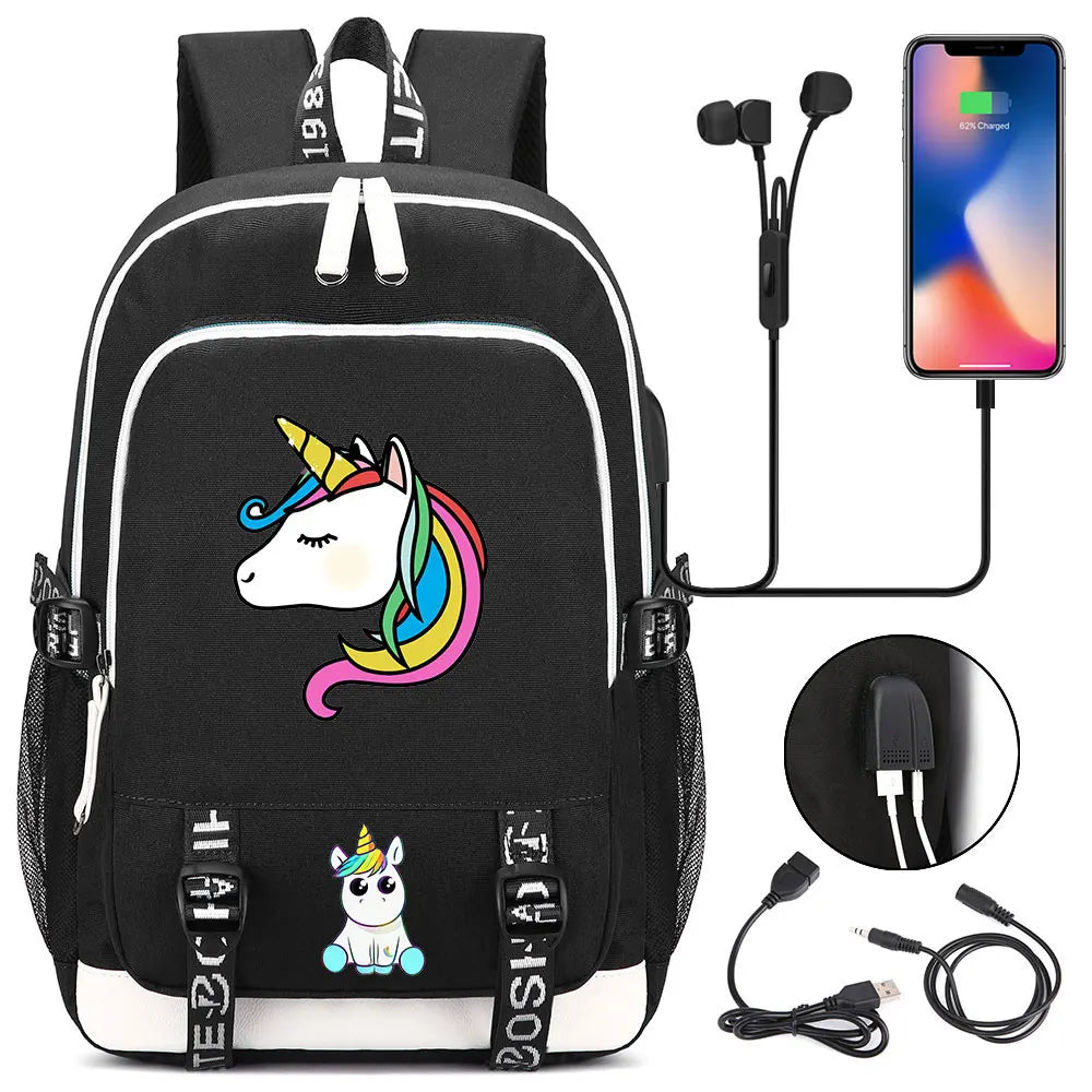New Cartoon Rainbow Horse  Teenager USB Charging Laptop Backpack Women Men Rucksack Kids School Book Bag Mochila Travel Bagpack