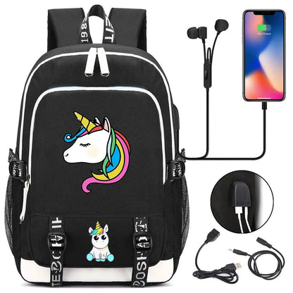 New Cartoon Rainbow Horse  Teenager USB Charging Laptop Backpack Women Men Rucksack Kids School Book Bag Mochila Travel Bagpack