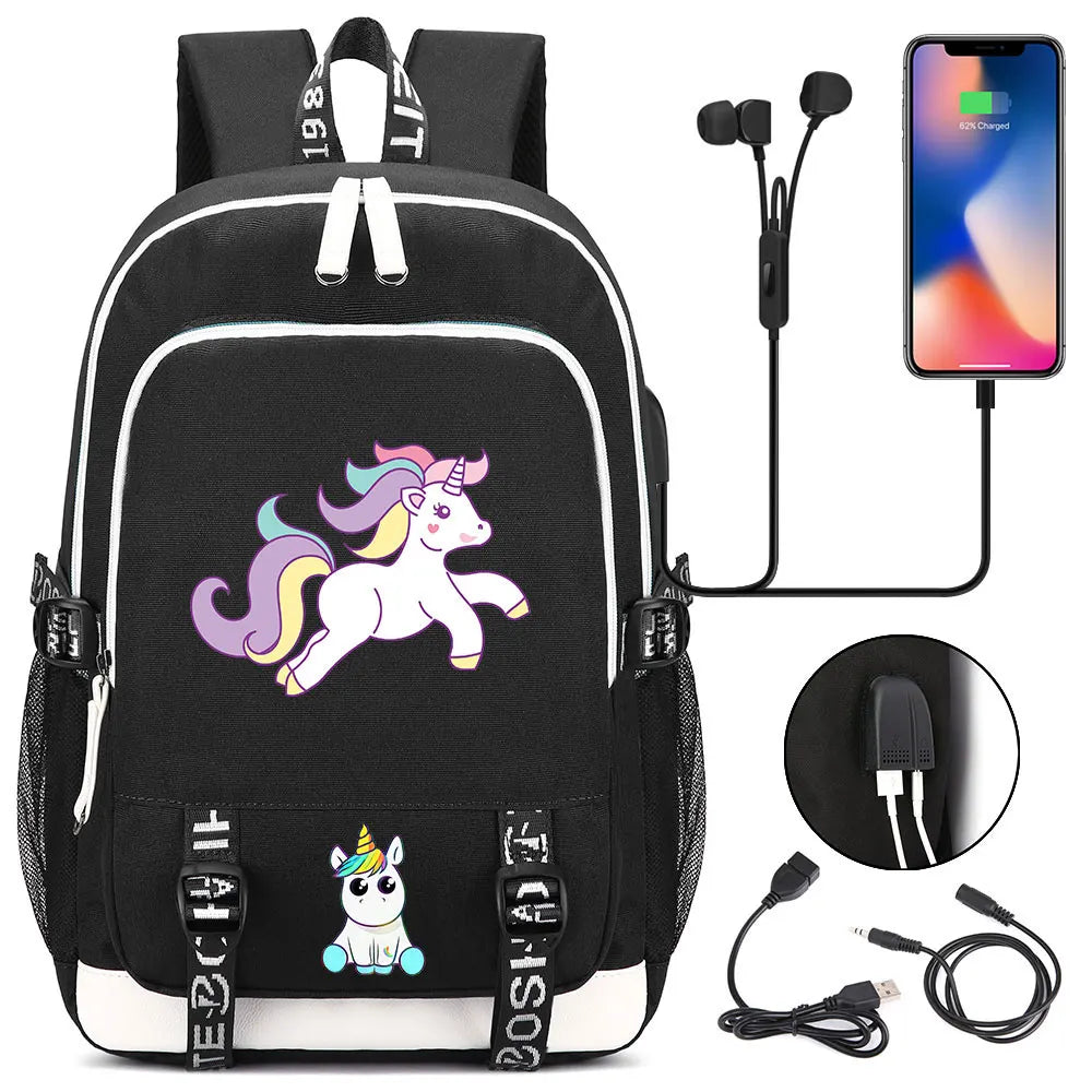 New Cartoon Rainbow Horse  Teenager USB Charging Laptop Backpack Women Men Rucksack Kids School Book Bag Mochila Travel Bagpack