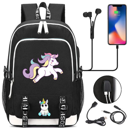 New Cartoon Rainbow Horse  Teenager USB Charging Laptop Backpack Women Men Rucksack Kids School Book Bag Mochila Travel Bagpack