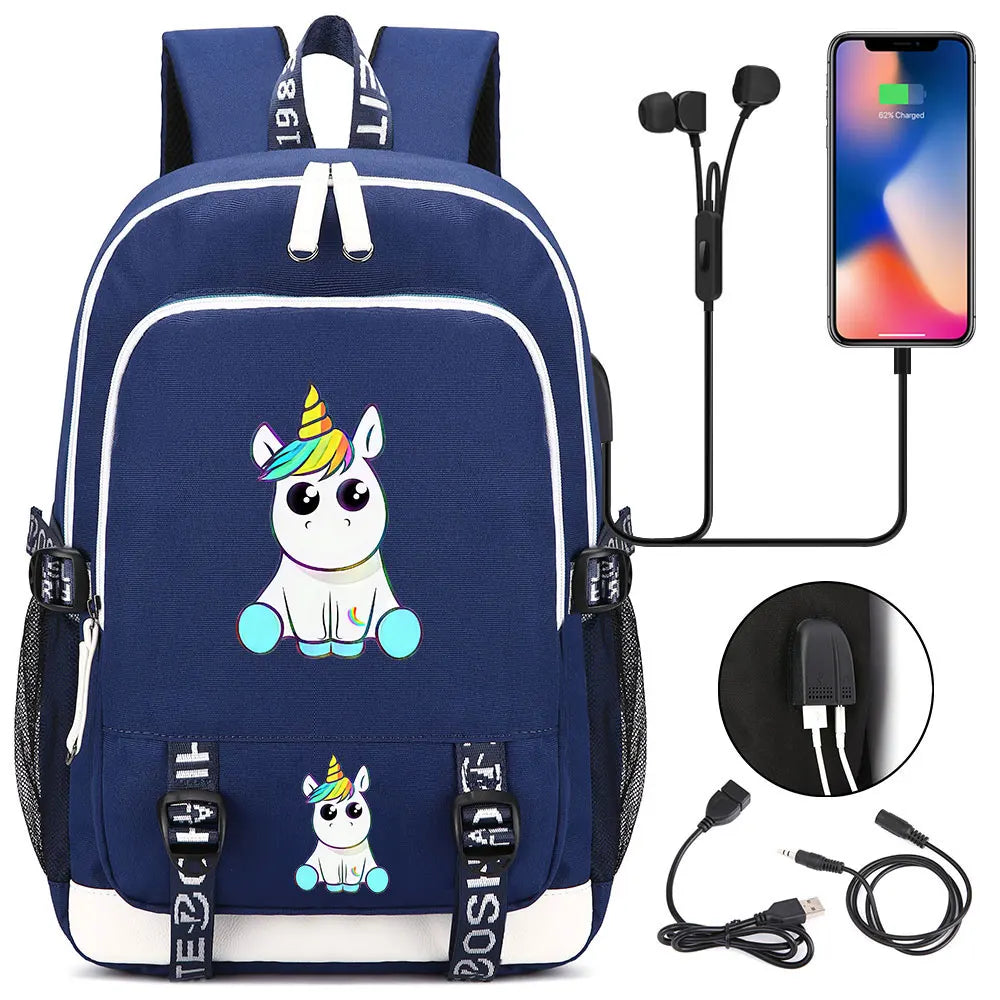 New Cartoon Rainbow Horse  Teenager USB Charging Laptop Backpack Women Men Rucksack Kids School Book Bag Mochila Travel Bagpack