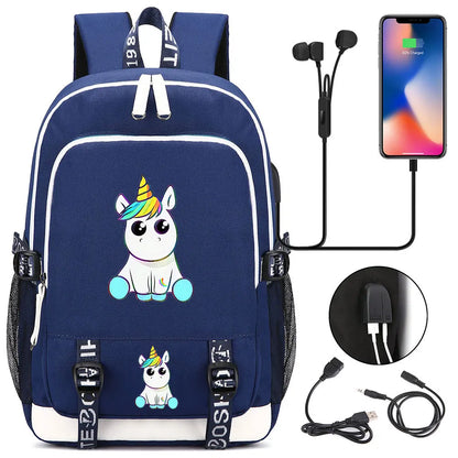 New Cartoon Rainbow Horse  Teenager USB Charging Laptop Backpack Women Men Rucksack Kids School Book Bag Mochila Travel Bagpack