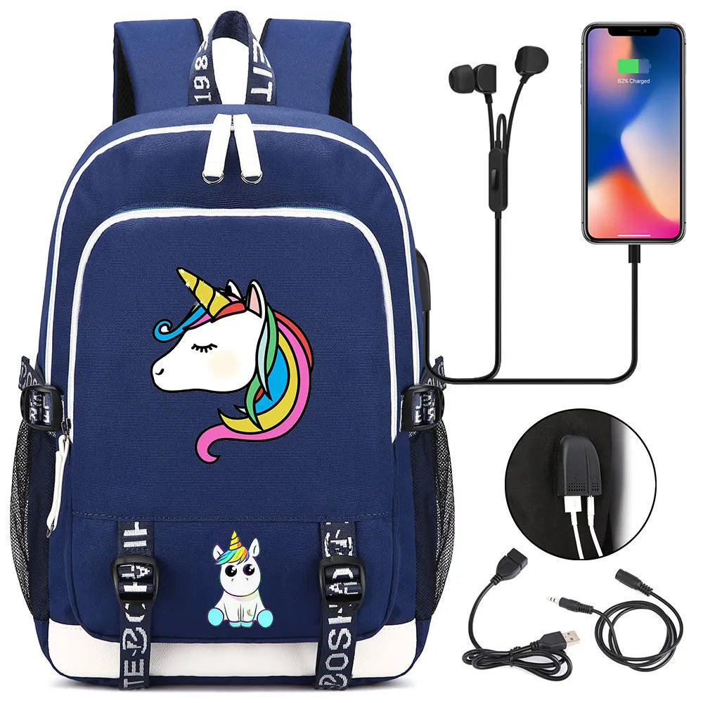 New Cartoon Rainbow Horse  Teenager USB Charging Laptop Backpack Women Men Rucksack Kids School Book Bag Mochila Travel Bagpack