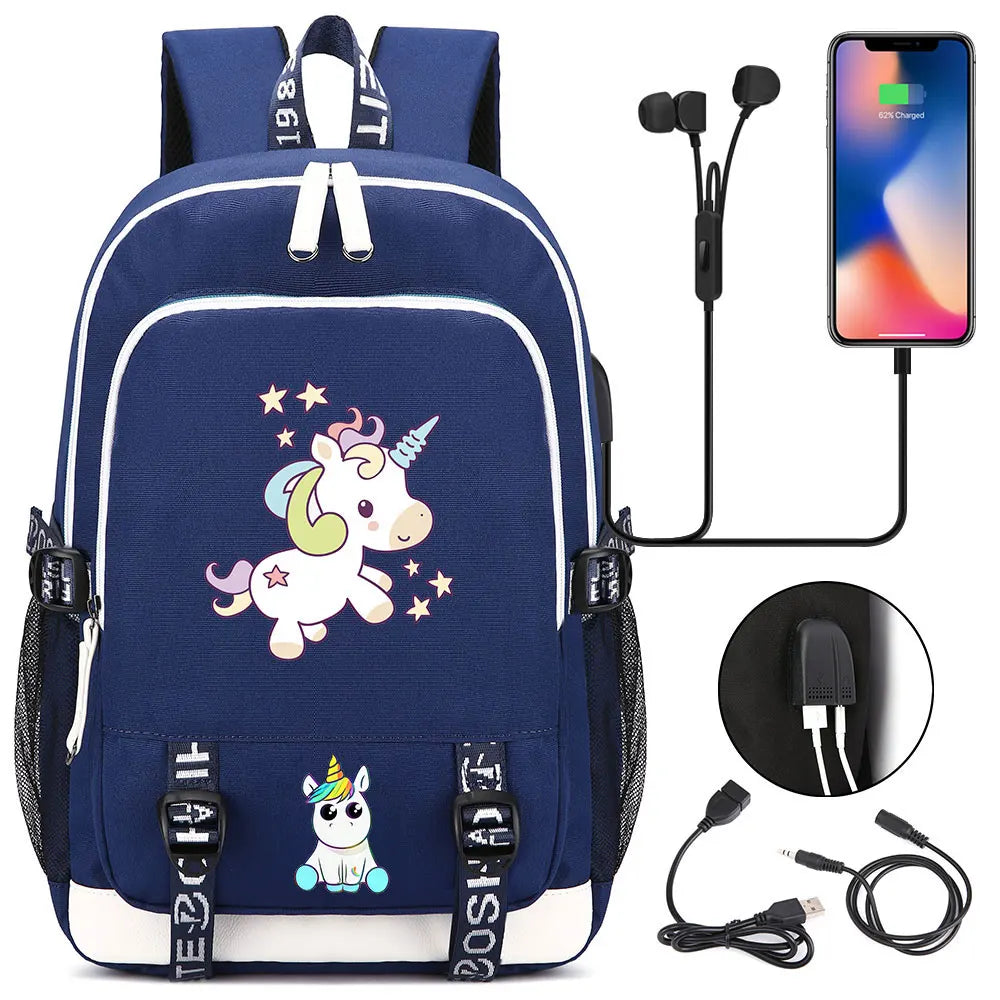 New Cartoon Rainbow Horse  Teenager USB Charging Laptop Backpack Women Men Rucksack Kids School Book Bag Mochila Travel Bagpack
