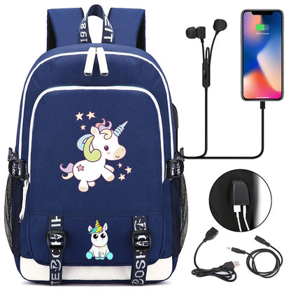 New Cartoon Rainbow Horse  Teenager USB Charging Laptop Backpack Women Men Rucksack Kids School Book Bag Mochila Travel Bagpack