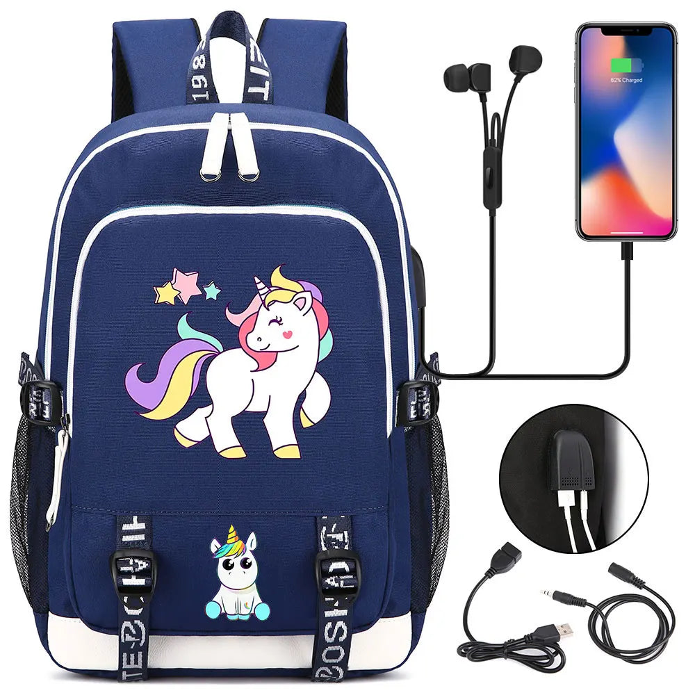 New Cartoon Rainbow Horse  Teenager USB Charging Laptop Backpack Women Men Rucksack Kids School Book Bag Mochila Travel Bagpack