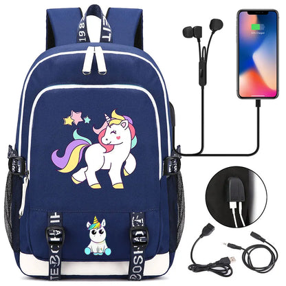 New Cartoon Rainbow Horse  Teenager USB Charging Laptop Backpack Women Men Rucksack Kids School Book Bag Mochila Travel Bagpack
