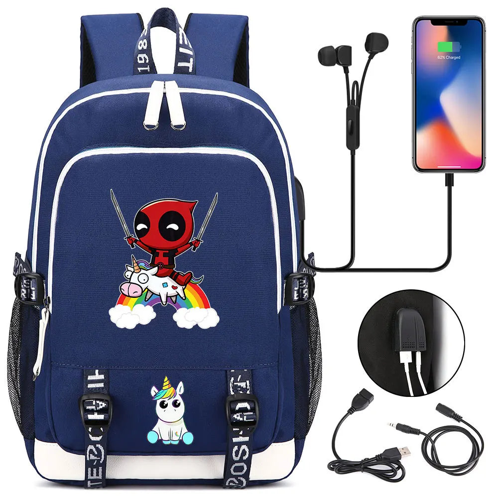 New Cartoon Rainbow Horse  Teenager USB Charging Laptop Backpack Women Men Rucksack Kids School Book Bag Mochila Travel Bagpack