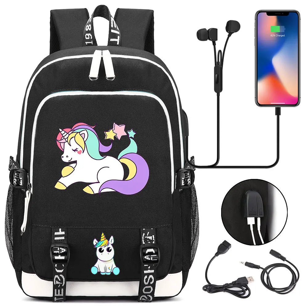 New Cartoon Rainbow Horse  Teenager USB Charging Laptop Backpack Women Men Rucksack Kids School Book Bag Mochila Travel Bagpack