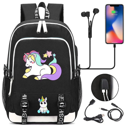 New Cartoon Rainbow Horse  Teenager USB Charging Laptop Backpack Women Men Rucksack Kids School Book Bag Mochila Travel Bagpack