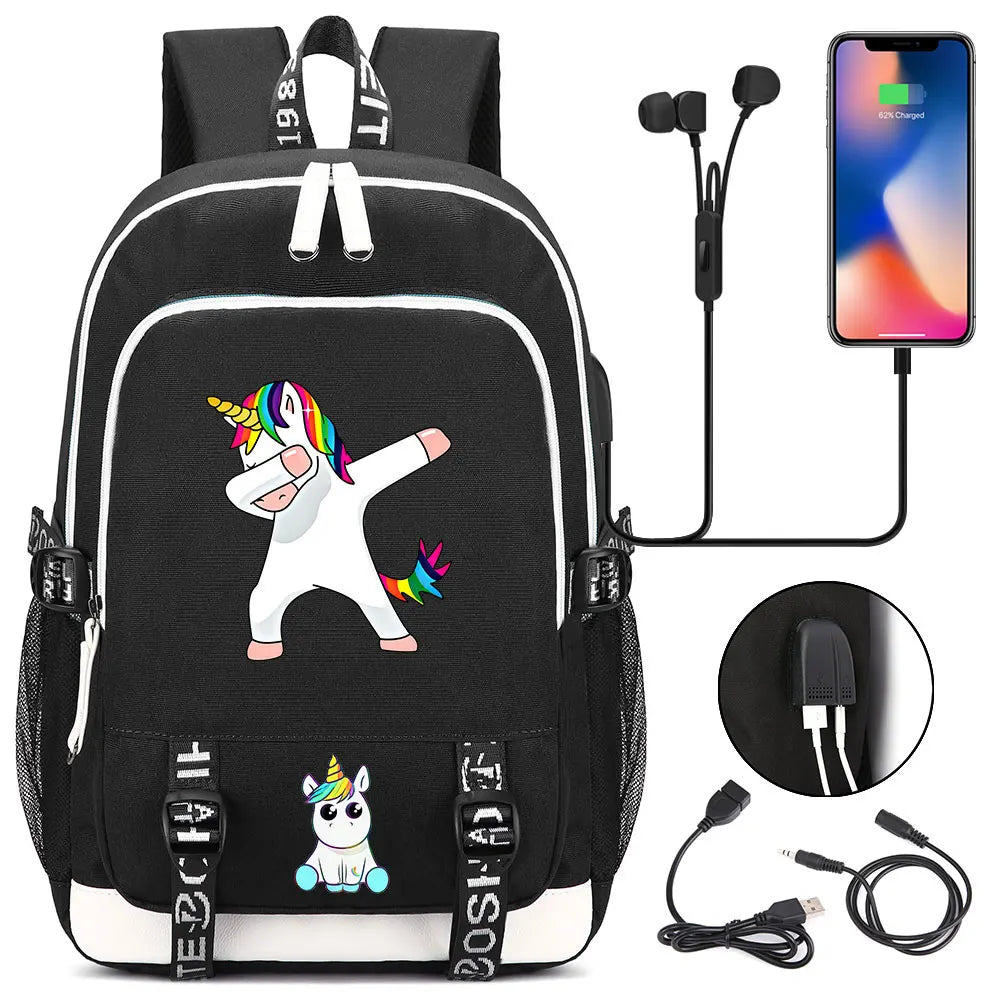 New Cartoon Rainbow Horse  Teenager USB Charging Laptop Backpack Women Men Rucksack Kids School Book Bag Mochila Travel Bagpack