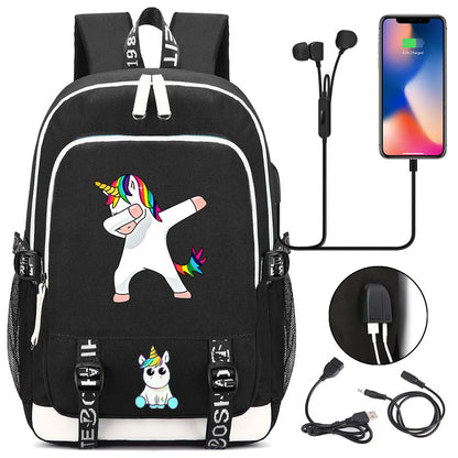 New Cartoon Rainbow Horse  Teenager USB Charging Laptop Backpack Women Men Rucksack Kids School Book Bag Mochila Travel Bagpack