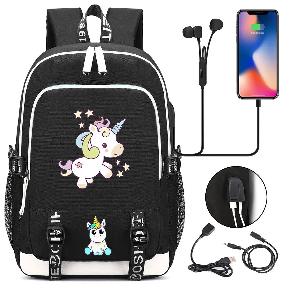 New Cartoon Rainbow Horse  Teenager USB Charging Laptop Backpack Women Men Rucksack Kids School Book Bag Mochila Travel Bagpack