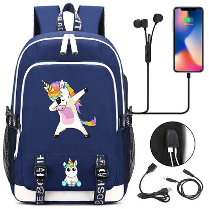 New Cartoon Rainbow Horse  Teenager USB Charging Laptop Backpack Women Men Rucksack Kids School Book Bag Mochila Travel Bagpack