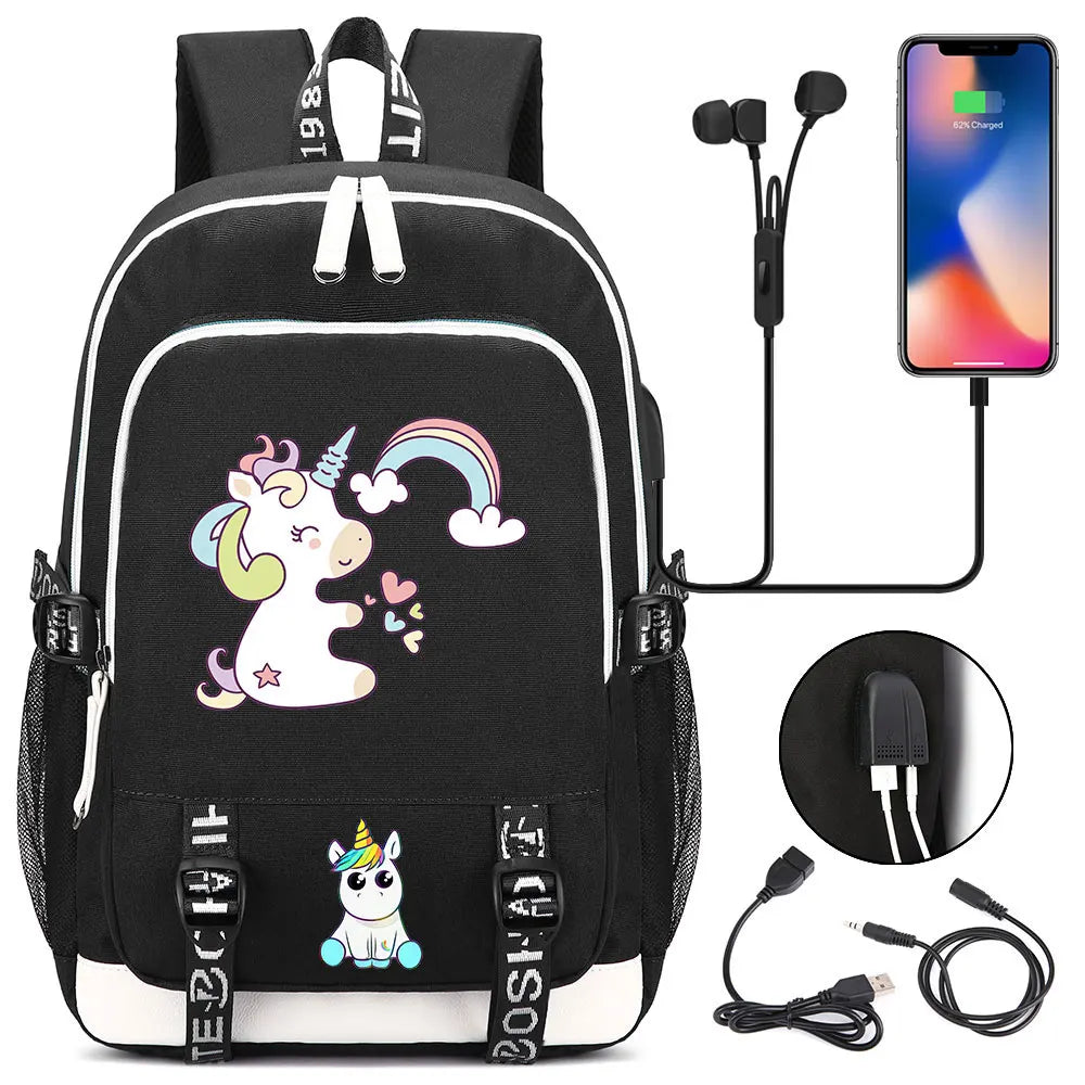 New Cartoon Rainbow Horse  Teenager USB Charging Laptop Backpack Women Men Rucksack Kids School Book Bag Mochila Travel Bagpack