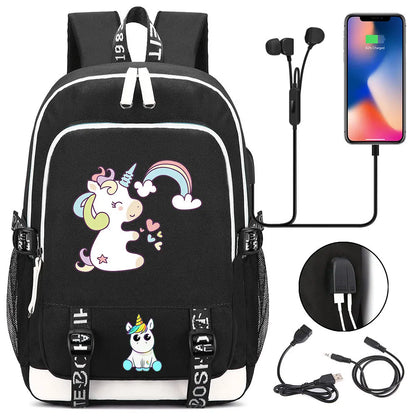 New Cartoon Rainbow Horse  Teenager USB Charging Laptop Backpack Women Men Rucksack Kids School Book Bag Mochila Travel Bagpack