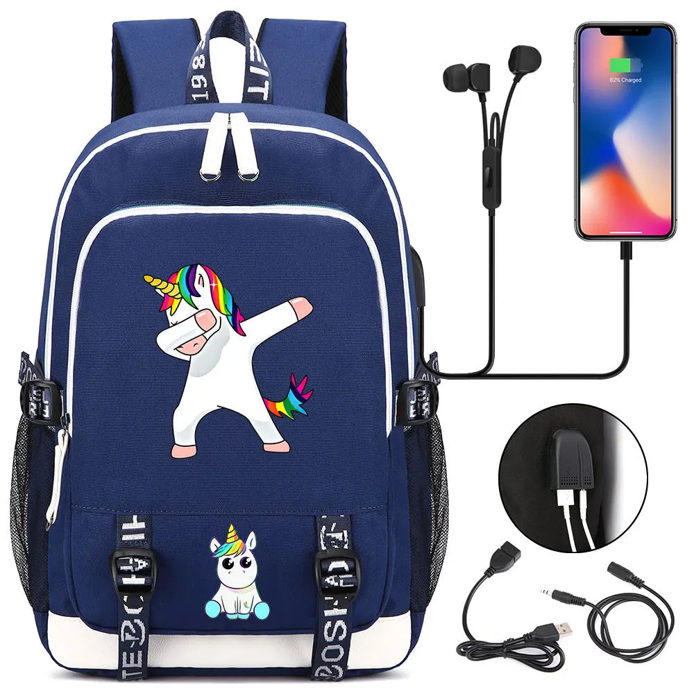 New Cartoon Rainbow Horse  Teenager USB Charging Laptop Backpack Women Men Rucksack Kids School Book Bag Mochila Travel Bagpack